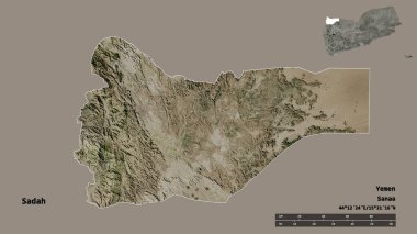 Sadah 'ın şekli, Yemen valisi, sermayesi sağlam arka planda izole edilmiş. Uzaklık ölçeği, bölge önizlemesi ve etiketleri. Uydu görüntüleri. 3B görüntüleme