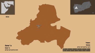 Sana 'a' nın şekli, Yemen şehri ve başkenti. Uzaklık ölçeği, ön gösterimler ve etiketler. Desenli dokuların bileşimi. 3B görüntüleme