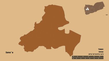 Sana 'a' nın şekli, Yemen şehri, başkenti sağlam bir zemin üzerinde izole edilmiş. Uzaklık ölçeği, bölge önizlemesi ve etiketleri. Desenli dokuların bileşimi. 3B görüntüleme