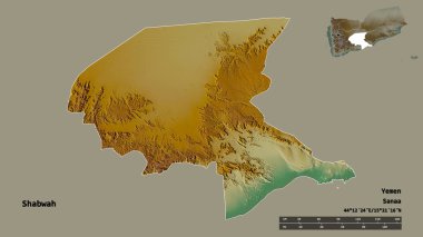 Yemen valisi Şabva 'nın şekli, başkenti sağlam bir zemine sahip. Uzaklık ölçeği, bölge önizlemesi ve etiketleri. Topografik yardım haritası. 3B görüntüleme