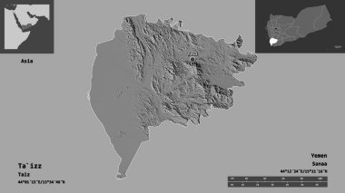 Ta 'izz' in şekli, Yemen valisi ve başkenti. Uzaklık ölçeği, ön gösterimler ve etiketler. Çift seviyeli yükseklik haritası. 3B görüntüleme