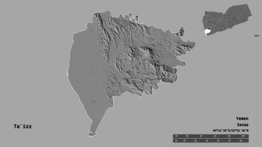 Ta 'izz, Yemen valisi, başkenti sağlam bir zemine sahip. Uzaklık ölçeği, bölge önizlemesi ve etiketleri. Çift seviyeli yükseklik haritası. 3B görüntüleme