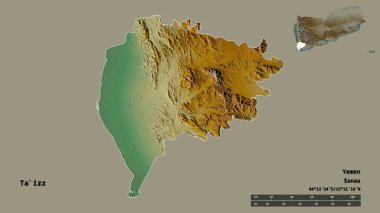 Ta 'izz, Yemen valisi, başkenti sağlam bir zemine sahip. Uzaklık ölçeği, bölge önizlemesi ve etiketleri. Topografik yardım haritası. 3B görüntüleme