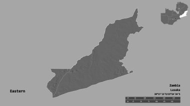 Doğu 'nun şekli, Zambiya eyaleti, başkenti sağlam bir zemin üzerinde izole edilmiş. Uzaklık ölçeği, bölge önizlemesi ve etiketleri. Çift seviyeli yükseklik haritası. 3B görüntüleme