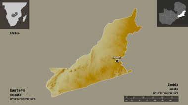 Doğu 'nun şekli, Zambiya ili ve başkenti. Uzaklık ölçeği, ön gösterimler ve etiketler. Topografik yardım haritası. 3B görüntüleme