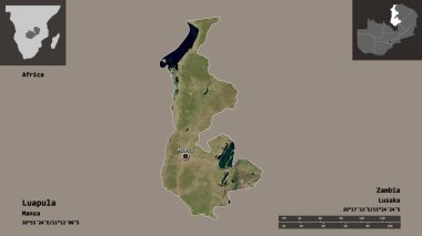 Luapula 'nın şekli, Zambiya ili ve başkenti. Uzaklık ölçeği, ön gösterimler ve etiketler. Uydu görüntüleri. 3B görüntüleme