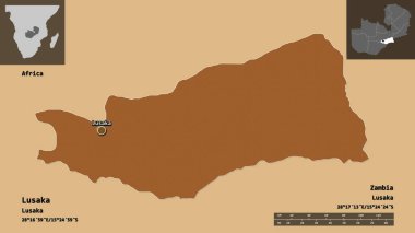 Zambiya vilayeti Lusaka ve başkenti. Uzaklık ölçeği, ön gösterimler ve etiketler. Desenli dokuların bileşimi. 3B görüntüleme