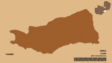 Zambiya 'nın Lusaka ili, başkenti sağlam bir zemin üzerinde izole edilmiştir. Uzaklık ölçeği, bölge önizlemesi ve etiketleri. Desenli dokuların bileşimi. 3B görüntüleme
