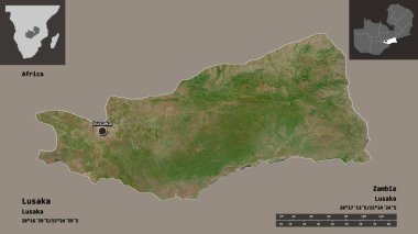 Zambiya vilayeti Lusaka ve başkenti. Uzaklık ölçeği, ön gösterimler ve etiketler. Uydu görüntüleri. 3B görüntüleme