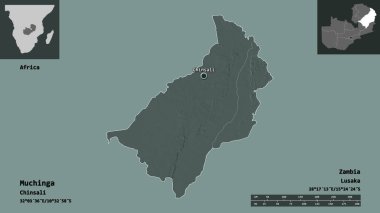 Muchinga 'nın şekli, Zambiya ili ve başkenti. Uzaklık ölçeği, ön gösterimler ve etiketler. Renkli yükseklik haritası. 3B görüntüleme