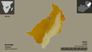 Muchinga 'nın şekli, Zambiya ili ve başkenti. Uzaklık ölçeği, ön gösterimler ve etiketler. Topografik yardım haritası. 3B görüntüleme