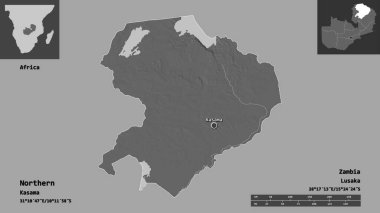 Kuzeyin şekli, Zambiya ili ve başkenti. Uzaklık ölçeği, ön gösterimler ve etiketler. Çift seviyeli yükseklik haritası. 3B görüntüleme