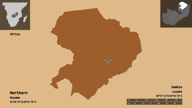 Kuzeyin şekli, Zambiya ili ve başkenti. Uzaklık ölçeği, ön gösterimler ve etiketler. Desenli dokuların bileşimi. 3B görüntüleme