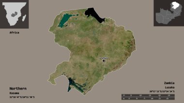 Kuzeyin şekli, Zambiya ili ve başkenti. Uzaklık ölçeği, ön gösterimler ve etiketler. Uydu görüntüleri. 3B görüntüleme