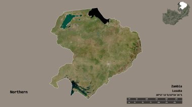Kuzeyin şekli, Zambiya eyaleti, başkenti sağlam bir zemin üzerinde izole edilmiş. Uzaklık ölçeği, bölge önizlemesi ve etiketleri. Uydu görüntüleri. 3B görüntüleme