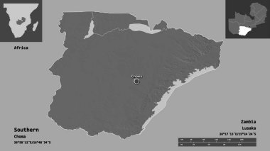 Güneyli, Zambiya ili ve başkenti. Uzaklık ölçeği, ön gösterimler ve etiketler. Çift seviyeli yükseklik haritası. 3B görüntüleme