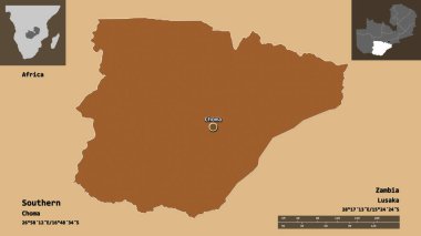 Güneyli, Zambiya ili ve başkenti. Uzaklık ölçeği, ön gösterimler ve etiketler. Desenli dokuların bileşimi. 3B görüntüleme