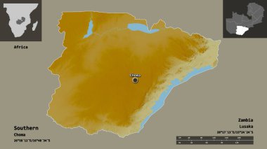 Güneyli, Zambiya ili ve başkenti. Uzaklık ölçeği, ön gösterimler ve etiketler. Topografik yardım haritası. 3B görüntüleme