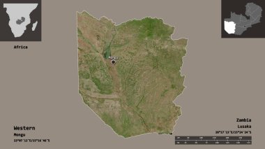 Batının şekli, Zambiya ili ve başkenti. Uzaklık ölçeği, ön gösterimler ve etiketler. Uydu görüntüleri. 3B görüntüleme