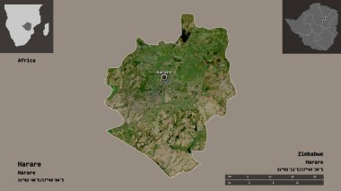 Harare 'nin şekli, Zimbabwe şehri ve başkenti. Uzaklık ölçeği, ön gösterimler ve etiketler. Uydu görüntüleri. 3B görüntüleme