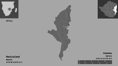 Manicaland 'ın şekli, Zimbabwe ili ve başkenti. Uzaklık ölçeği, ön gösterimler ve etiketler. Çift seviyeli yükseklik haritası. 3B görüntüleme