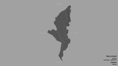 Manicaland bölgesi, Zimbabwe vilayeti, jeoreferatlı bir sınır kutusunda sağlam bir arka planda izole edilmiş. Etiketler. Çift seviyeli yükseklik haritası. 3B görüntüleme