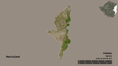 Manicaland, Zimbabwe ili, başkenti katı bir zemin ile izole edilmiştir. Uzaklık ölçeği, bölge önizlemesi ve etiketleri. Uydu görüntüleri. 3B görüntüleme
