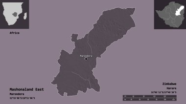 Mashonaland East, Zimbabwe vilayeti ve başkenti. Uzaklık ölçeği, ön gösterimler ve etiketler. Renkli yükseklik haritası. 3B görüntüleme
