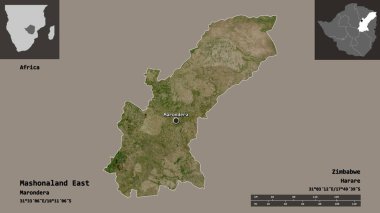 Mashonaland East, Zimbabwe vilayeti ve başkenti. Uzaklık ölçeği, ön gösterimler ve etiketler. Uydu görüntüleri. 3B görüntüleme