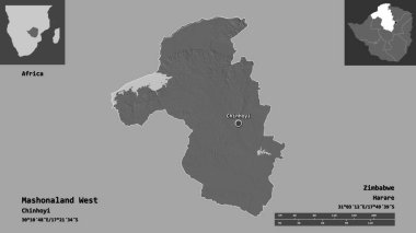 Mashonaland 'ın batısı, Zimbabwe ili ve başkenti. Uzaklık ölçeği, ön gösterimler ve etiketler. Çift seviyeli yükseklik haritası. 3B görüntüleme