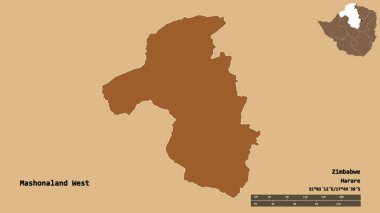 Mashonaland West 'in başkenti Zimbabwe eyaleti, sağlam bir zemin üzerinde izole edilmiştir. Uzaklık ölçeği, bölge önizlemesi ve etiketleri. Desenli dokuların bileşimi. 3B görüntüleme