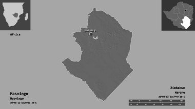 Masvingo 'nun şekli, Zimbabwe ili ve başkenti. Uzaklık ölçeği, ön gösterimler ve etiketler. Çift seviyeli yükseklik haritası. 3B görüntüleme