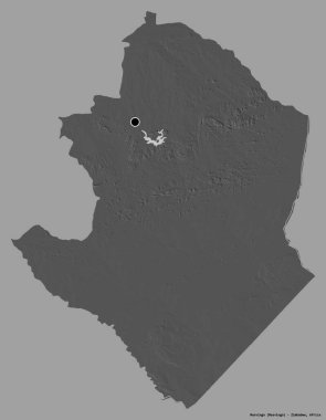 Masvingo, Zimbabwe eyaleti, başkenti katı renk arkaplanı ile izole edilmiştir. Çift seviyeli yükseklik haritası. 3B görüntüleme