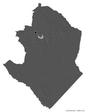 Beyaz arka planda başkenti izole edilmiş Masvingo, Zimbabwe vilayeti. Çift seviyeli yükseklik haritası. 3B görüntüleme