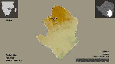 Masvingo 'nun şekli, Zimbabwe ili ve başkenti. Uzaklık ölçeği, ön gösterimler ve etiketler. Topografik yardım haritası. 3B görüntüleme