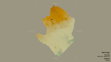 Masvingo bölgesi, Zimbabwe vilayeti, jeoreferatlı bir sınır kutusunda sağlam bir arka planda izole edilmiş. Etiketler. Topografik yardım haritası. 3B görüntüleme