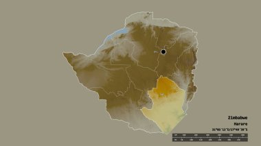 Başkenti, ana bölgesel bölümü ve ayrılmış Masvingo bölgesiyle Zimbabwe 'nin dejenere edilmiş şekli. Etiketler. Topografik yardım haritası. 3B görüntüleme