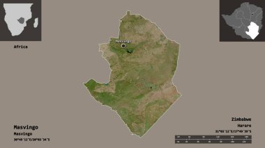 Masvingo 'nun şekli, Zimbabwe ili ve başkenti. Uzaklık ölçeği, ön gösterimler ve etiketler. Uydu görüntüleri. 3B görüntüleme