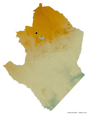 Beyaz arka planda başkenti izole edilmiş Masvingo, Zimbabwe vilayeti. Topografik yardım haritası. 3B görüntüleme