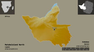 Matabeleland North, Zimbabwe vilayeti ve başkenti. Uzaklık ölçeği, ön gösterimler ve etiketler. Topografik yardım haritası. 3B görüntüleme