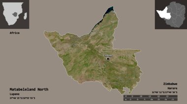 Matabeleland North, Zimbabwe vilayeti ve başkenti. Uzaklık ölçeği, ön gösterimler ve etiketler. Uydu görüntüleri. 3B görüntüleme