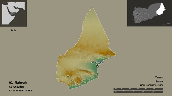 也门省Al Mahrah的形状及其首都 距离刻度 预览和标签 地形浮雕图 3D渲染 — 图库照片