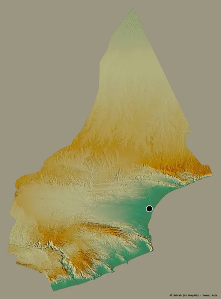 也门Al Mahrah省的形状 其首都用纯色背景隔开 地形浮雕图 3D渲染 — 图库照片