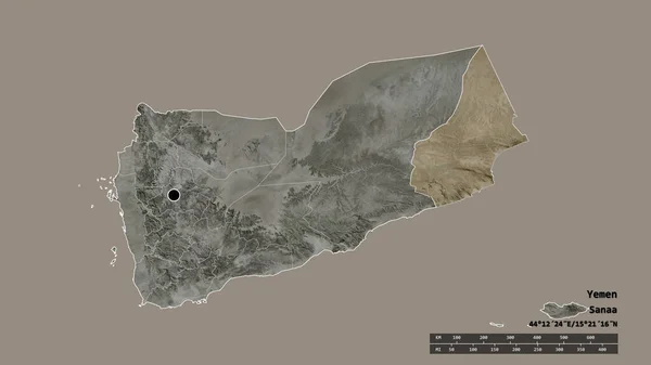 主要な地域部門と分離されたアル マラー地域でイエメンの荒廃した形 ラベル 衛星画像 3Dレンダリング — ストック写真