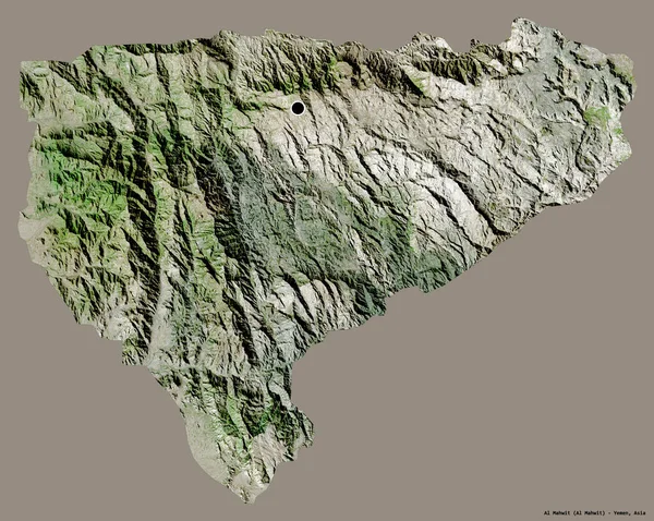 也门省的Al Mahwit形状 其首都用纯色背景隔开 卫星图像 3D渲染 — 图库照片