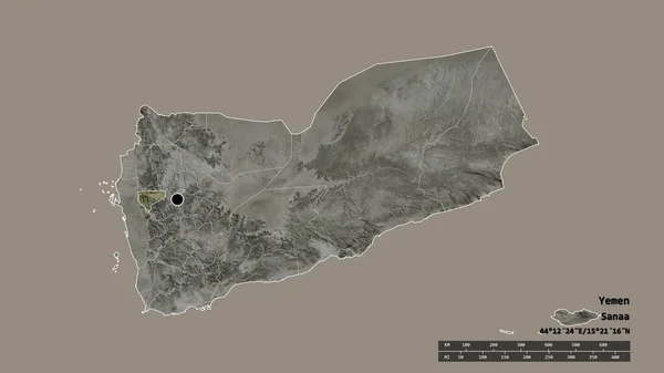 Desaturated Shape Yemen Its Capital Main Regional Division Separated Mahwit — Stock Photo, Image
