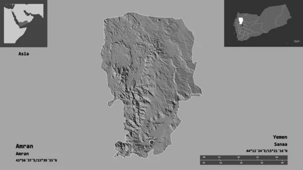 也门省阿姆兰的形状及其首都 距离刻度 预览和标签 Bilevel高程图 3D渲染 — 图库照片