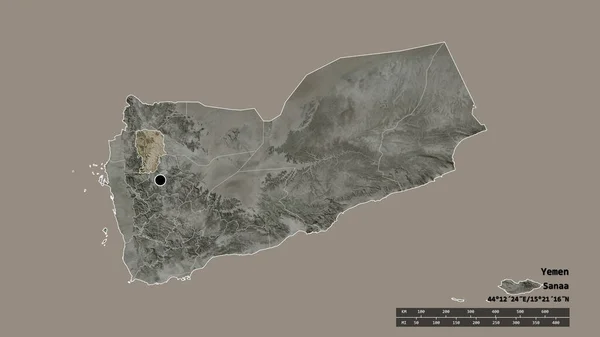 主要な地域部門と分離されたアムラン地域とイエメンの荒廃した形 ラベル 衛星画像 3Dレンダリング — ストック写真