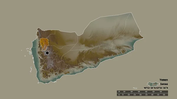 主要な地域部門と分離されたアムラン地域とイエメンの荒廃した形 ラベル 地形図 3Dレンダリング — ストック写真