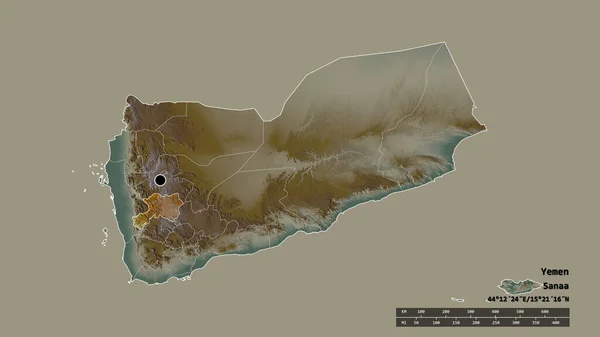 主要な地域部門と分離されたダマール地域とイエメンの荒廃した形 ラベル 地形図 3Dレンダリング — ストック写真